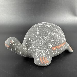 Acoma Pottery TURTLE Figurine Matte Black Handpainted Artisan Signed